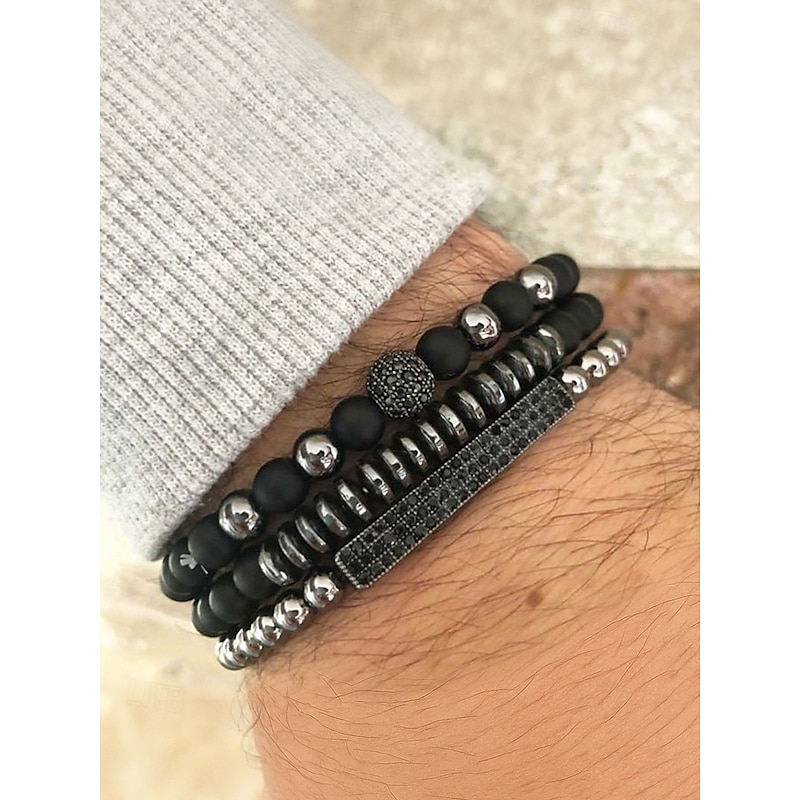 Men's Black Beaded Bracelet Set with Silver Accents - Fashionable Jewelry for Casual & Formal Occasions, Perfect for Gifts