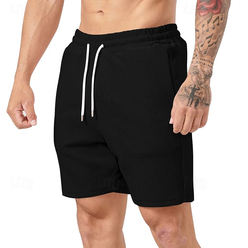 Men's Shorts Beach Shorts Running Shorts Casual Shorts Corduroy Shorts Pocket Drawstring Elastic Waist Plain Comfort Breathable Knee Length Sports Outdoor Daily Holiday Vacation Classic Style Black