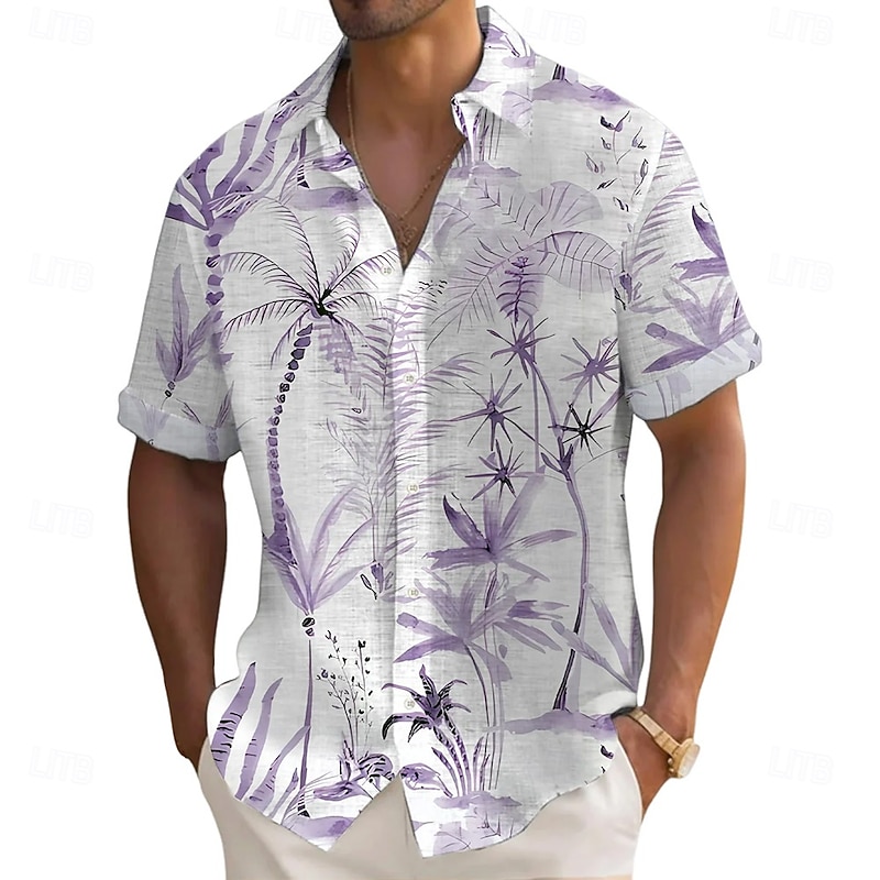 Men's Coconut Tree Tropical Plants Casual Shirt Summer Hawaiian Shirt Button Up Shirt Short Sleeve Hawaiian Vacation Holiday Beach Wear Summer Spring Turndown 3D Print Linen Like Shirt Purple Green4