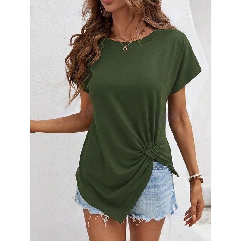 Women's T Shirt Solid Color Plain Fashion Classic Casual Short Sleeve Crew Neck Regular Tops Daily Weekend Asymmetrical Black White Army Green Navy Blue Summer4