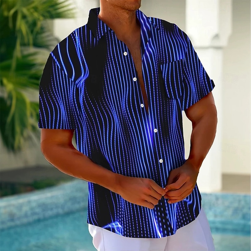 Men's Geometric Stripe Neon Shirt Summer Shirt Button Up Shirt Short Sleeve Fashion Casual Outdoor Vacation Dailywear Summer Spring Turndown 3D Print Collared Shirts Front One Pocket Dark Blue
