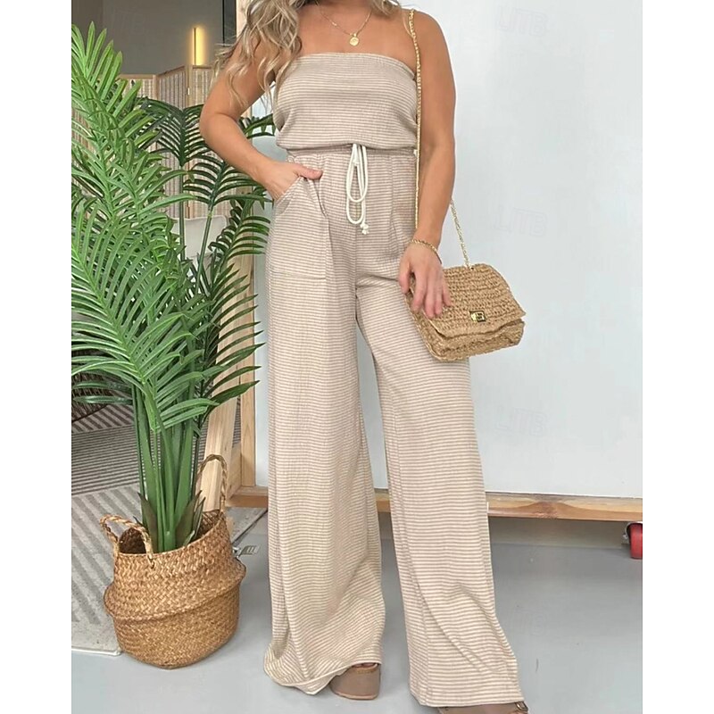 Women's Normal Jumpsuit Streetwear Striped Sleeveless Strapless Pocket Drawstring Street Weekend Regular Fit Light Green Pink Blue Summer