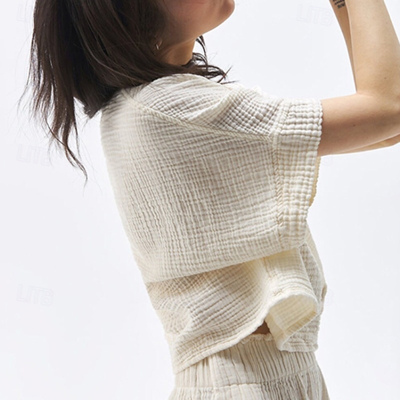 Women's Shirt Linen Shirt Blouse Plain Stylish Modern Short Sleeve V Neck Regular Tops Daily Holiday Going out White Army Green Navy Blue Purple Summer4