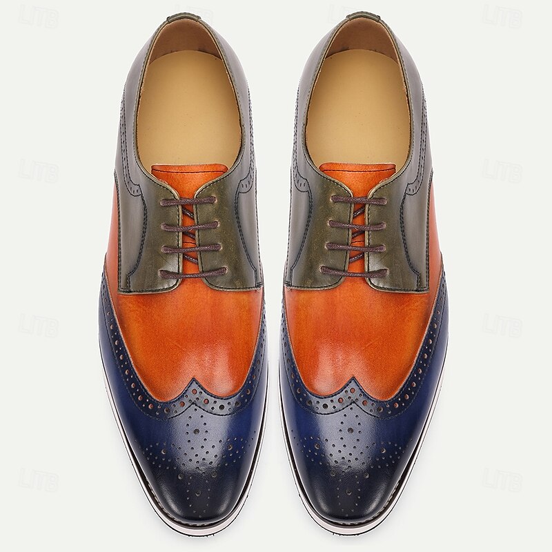 Men's Two-Tone Leather Derby Shoes – Stylish Orange and Blue Dress Shoes for Prom and Social Gatherings4