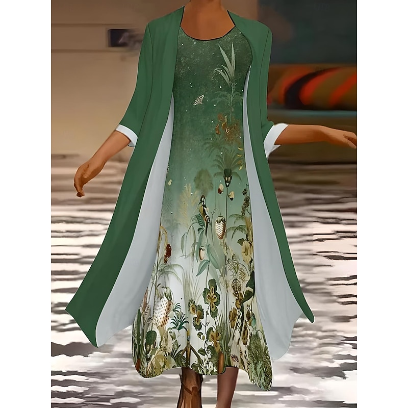 Women's Dress Set Summer Dress Casual Formal Floral Graphic Layered Print Midi Dress 3/4 Length Sleeve Crew Neck Daily Holiday Blue Purple Orange Summer Spring Regular Fit2