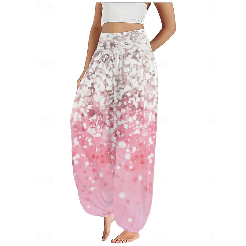 Women's Linen-Inspired Pants Wide Leg Pants Trousers Ethnic Style Casual Boho Full Length High Waist Floral Pocket Elastic Waist Printing Breathability Soft Micro-elastic Outdoor Yoga Black Pink Navy