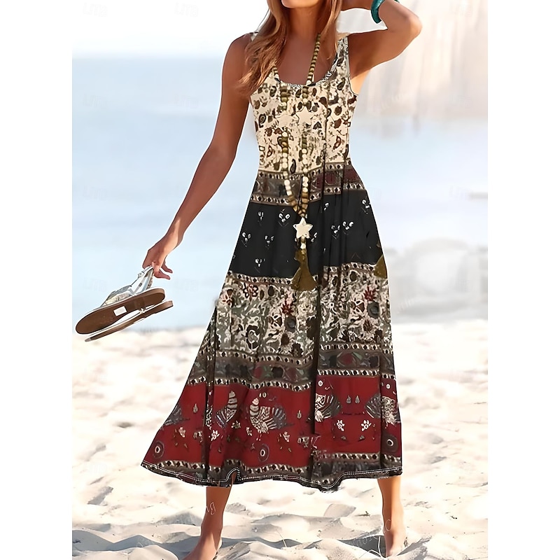 Women's Maxi Dress Sundress A Line Dress Slip Dress Pleated Dress Vacation Casual Boho Going out Beach Regular Fit Floral Paisley Color Block Sleeveless U Neck Deep Green light coffee Rose Red Summer