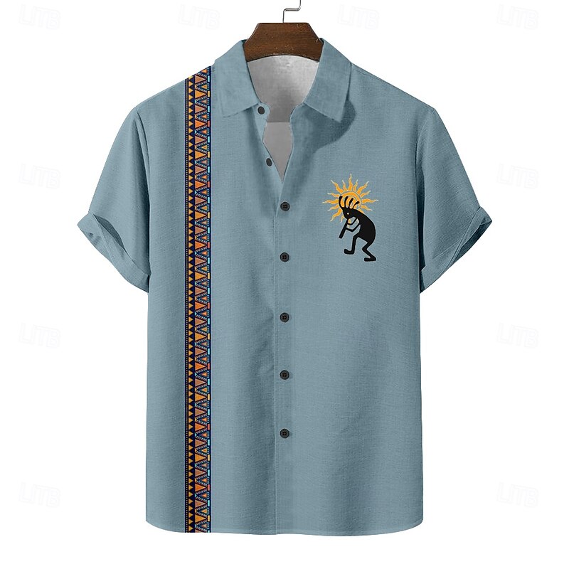 Men's Geometric Ethnic Kokopelli Shirt Summer Shirt Button Up Shirt Short Sleeve Vintage Retro Holiday Casual Daily Summer Spring Turndown 3D Print Linen Like Shirt Blue Green Khaki Dark Blue4