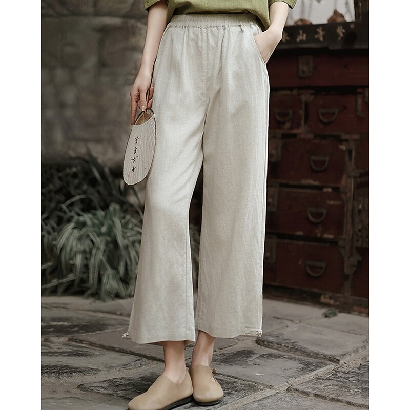 Women's Wide Leg Cotton Linen Pants Pants Trousers Vacation Fashion Ankle-Length Mid Waist Plain Elastic Waist Breathable Comfortable Micro-elastic Street Daily Wear Going out Black Beige Summer3