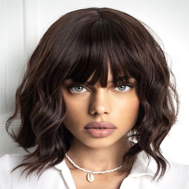 Black Wig with Bangs Short Wavy Wigs for Women Dark Brown Curly Shoulder Length Bob Wig Synthetic fiber Wigs for Daily Party Use