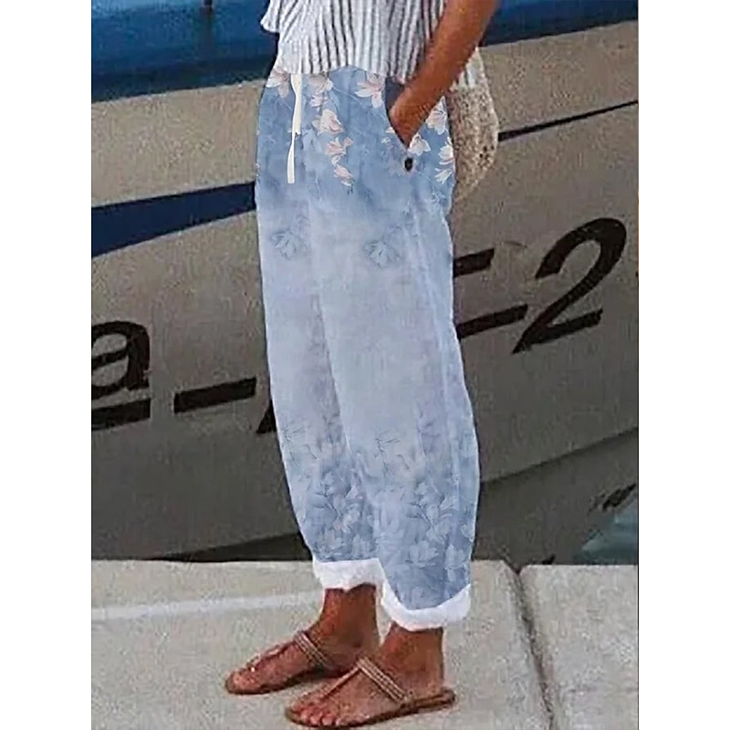 Women's Cotton Linen Pants Baggy Pants Linen Like Beach Vacation Vintage Fashion Ankle-Length High Waist Floral Graphic Gradient Printing Breathable Soft Micro-elastic Causal Baby blue Light Sky Blue4