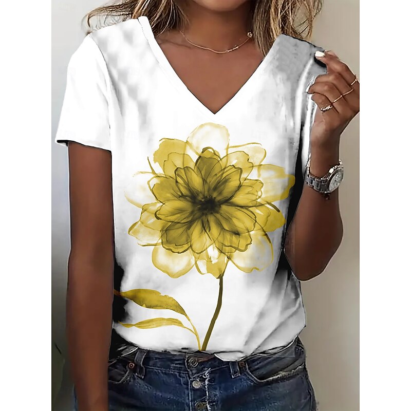Women's T Shirt Summer Tops Floral Graphic Classic Casual Short Sleeve V Neck Crop Tops Daily Weekend Print Yellow Red Purple Green Light Blue Summer Spring Fall3