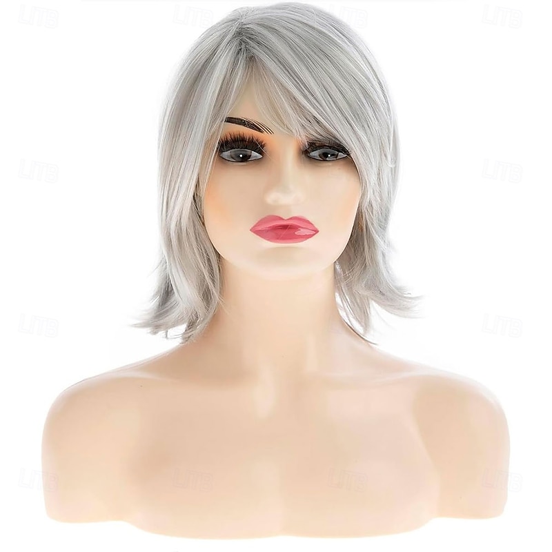 Layered Grey Wigs for Women Shoulder Length Straight Wig with Bangs Natural Synthetic Cosplay Replacement Hair Wig2