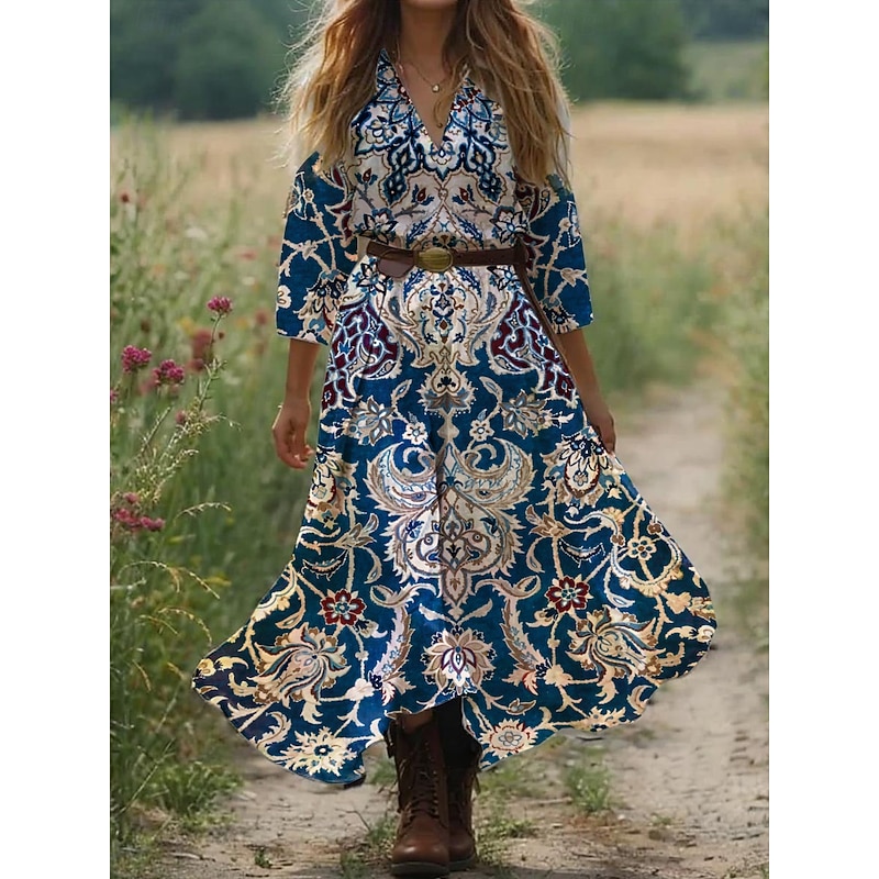Women's Boho Dress Western Dress Vintage Maxi Dress Sundress Pleated Dress Vacation Casual Boho Going out Beach Graphic Paisley Tribal 3/4 Length Sleeve V Neck Black Pink Blue Orange Summer Spring4