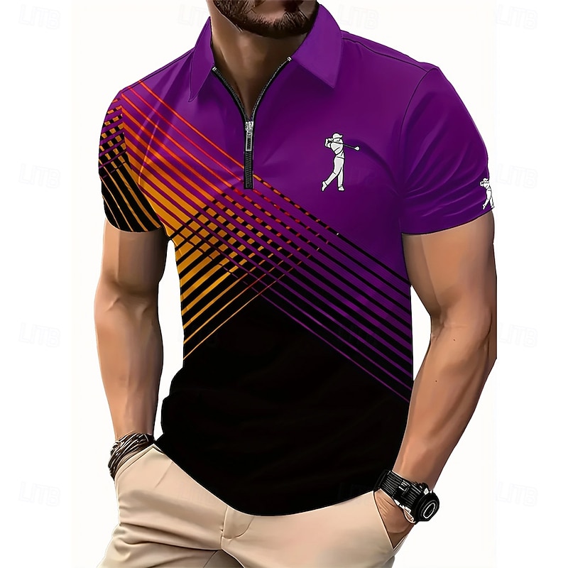 Men's Geometric Golf Zip Polo Short Sleeve Turndown Casual / Sporty Athleisure Casual Daily Zipper 3D Print Summer Violet Robin's Egg Blue2