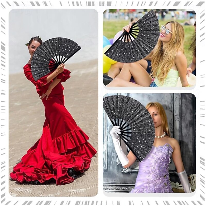 2Pcs Boots on The Ground Fan Large Holographic Folding Hand Fan Line Dance Popping Fan, Clap Fans for Line Dancing Foldable Craft Holding Laser Colors Hand Fan3