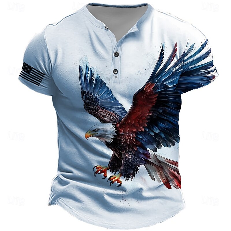 Men's Eagle T Shirt Henley Shirt Short Sleeve Designer Retro Vintage Casual Street Casual Daily Summer Spring White Light Blue Henley Henley T-Shirt2