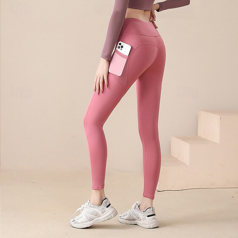 Women's Yoga Pants Yoga Leggings with Phone Pocket Butt Lift Tummy Control High Waist Pilates Gym Workout Workout Tights Solid Color Black Pink Red Spandex Fall Sports Activewear Stretchy Skinny2