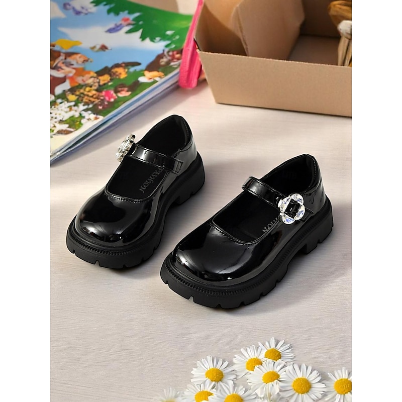 Little Girls' Black Patent Mary Janes with Rhinestone Buckle – Low Heel Dress Shoes for School and Special Occasions4