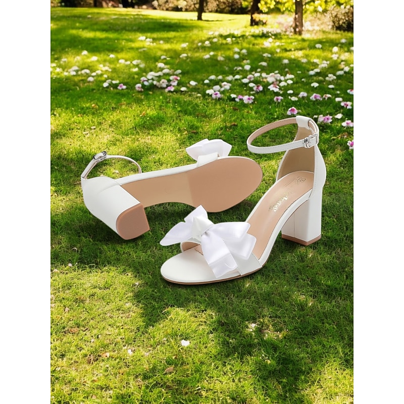Women's White Satin Sandals with Large Bow Detail, Block Heel for Outdoor Weddings and Special Events3