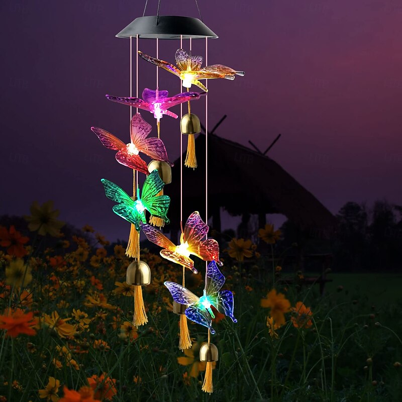 1 Pc outdoor solar purple yellow butterfly wind chime light with bell and tassel courtyard garden porch balcony landscape light decorative light4