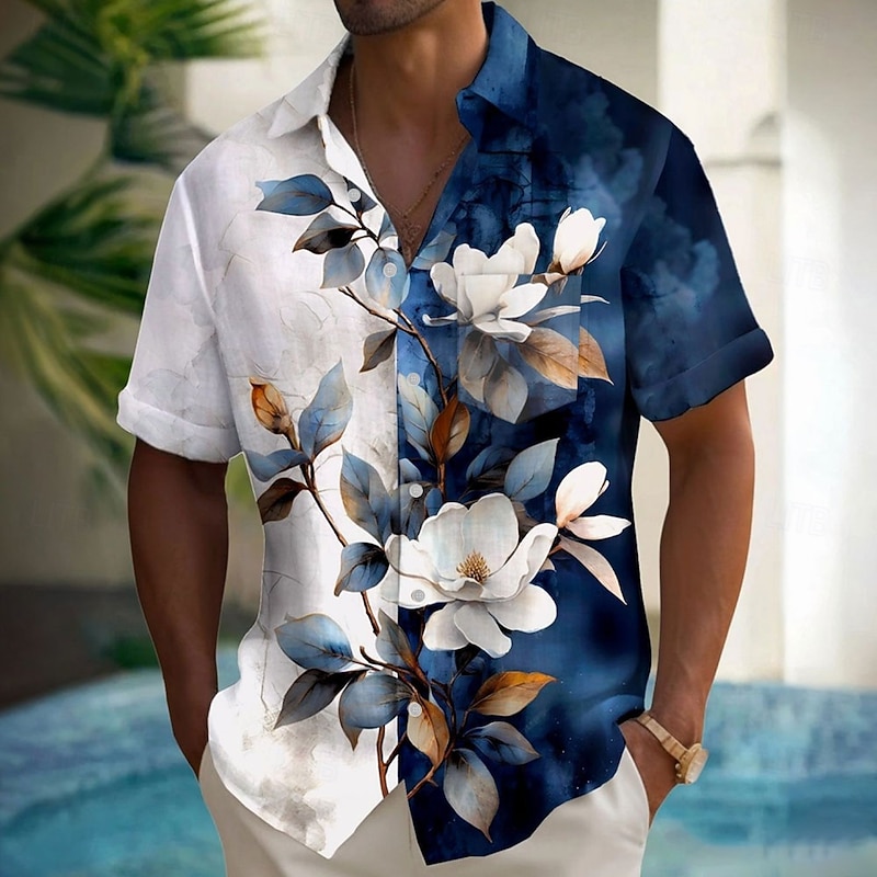 Men's Floral Print Flowers Shirt Casual Shirt Button Up Shirt Short Sleeve Vintage Retro Vacation Holiday Streetwear Summer Spring Turndown 3D Print Collared Shirts Front One Pocket White - Main Image
