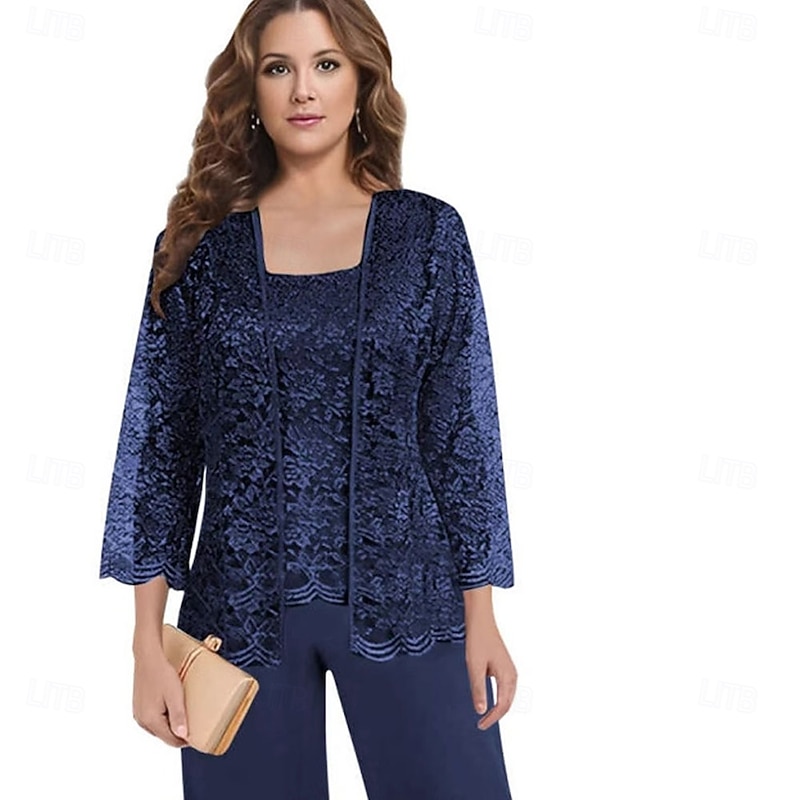 Pantsuit Mother of the Bride Dress Wedding Guest Elegant Square Neck Floor Length Polyester Lace Long Sleeve with Solid Color4