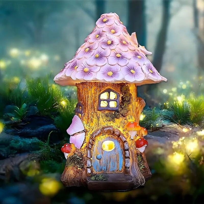 Solar Garden Light LED Fairy House Castle Shape Light Outdoor Waterproof Lawn Yard Walkway Decoration Resin Crafts