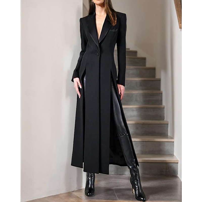 Tuxedo Dress A-Line Formal Satin Elegant Simple Long Sleeve Floor Length Ankle Length Peak Lapel Single Breasted