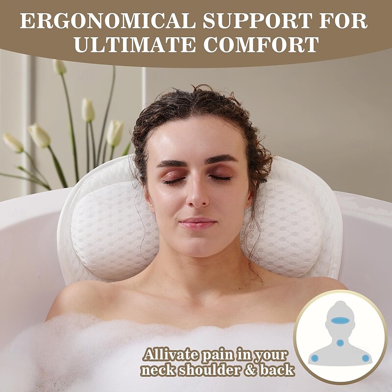 Bath Pillow Luxury Bathtub Pillow Bath Pillows for Tub Neck and Back Support, Ergonomic Tub Pillow for Bath with 4D Air Mesh + 6 Strong Suction Cups, Great Spa Gifts Bathtub Accessories3
