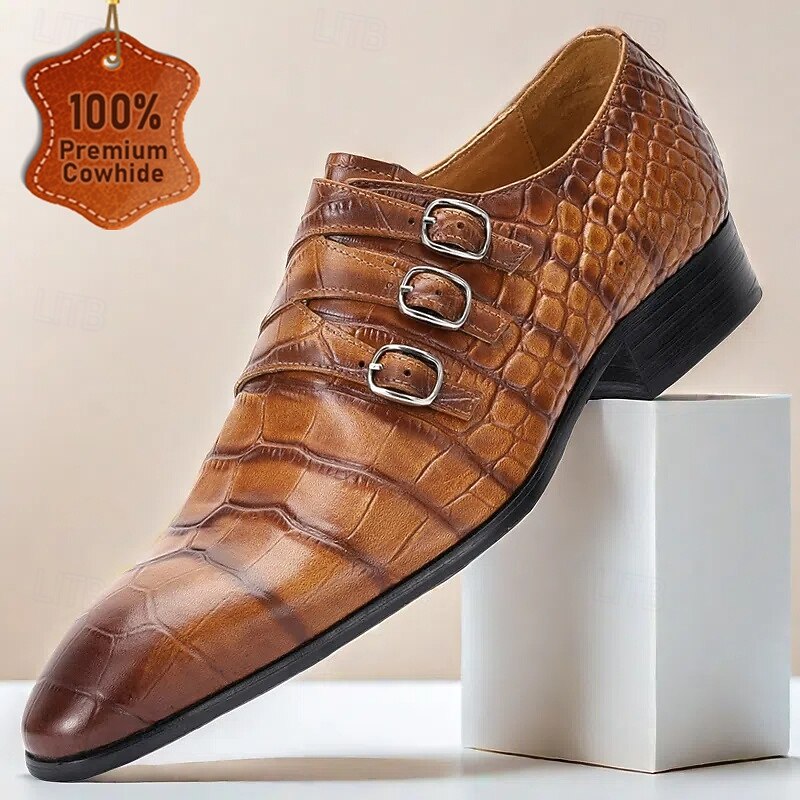 Men's Triple Buckle Brown Crocodile Pattern Leather Dress Shoes – Statement Prom and Evening Party Footwear