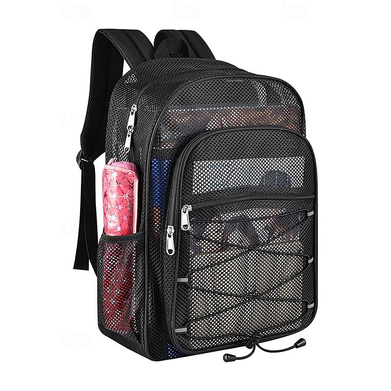 Black Gray Mesh Backpack with Zippered Compartment, Adjustable Shoulder Strap, Unisex, Fashion Design - Suitable for School, Sports, Fitness and Daily Use2