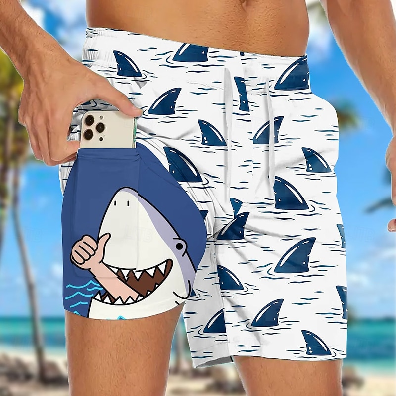 Men's Shark Funny Sea Creatures Lined Shorts 2 in 1 Board Shorts Swim Shorts Mid Waist Hawaiian Vacation Beach Wear Side Pockets With Compression Liner Elastic Drawstring Waist Designer Clothing