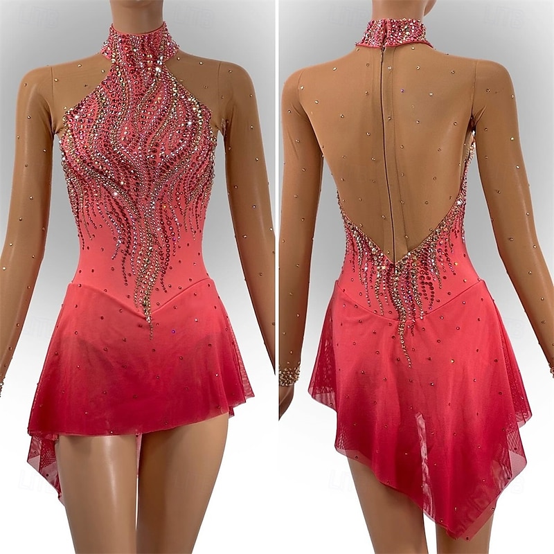 Figure Skating Dress Women's Girls' Ice Skating Dress Red Thumbhole Asymmetric Hem Mesh High Elasticity Training Competition Skating Wear Classic Crystal / Rhinestone Long Sleeve Ice Skating Figure