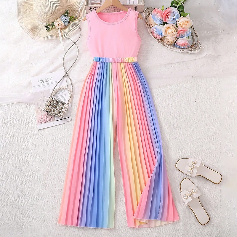 2 Pieces Kids Girls' Solid Color Crewneck Tank & Pants Set Sleeveless Daily School 7-13 Years Summer Pink