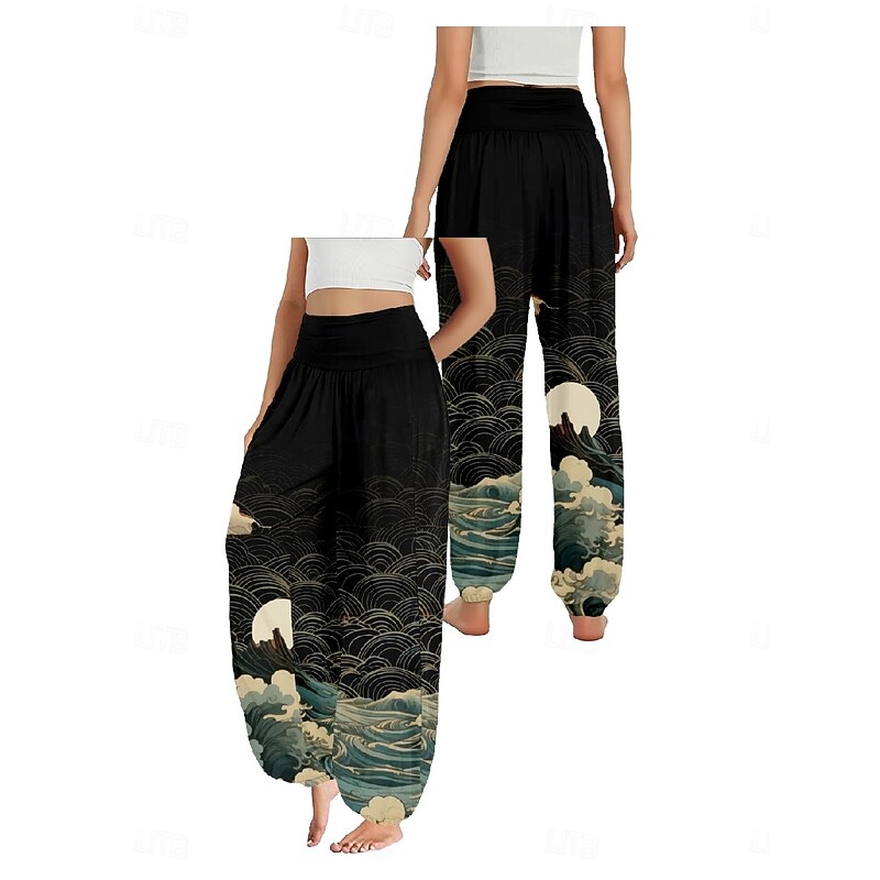 Women's Linen-Inspired Pants Wide Leg Pants Trousers Ethnic Style Casual Boho Full Length High Waist Floral Pocket Elastic Waist Printing Breathability Soft Micro-elastic Outdoor Yoga Black Yellow