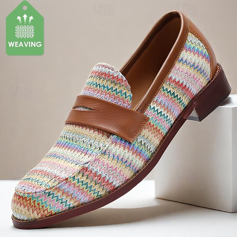 Men's Woven Multicolor Nylon Woven Slip-On Loafers with Leather Trim - Relaxed Fit for Casual Outings