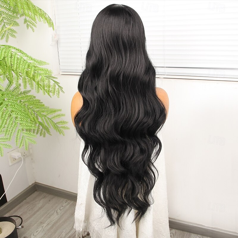 Synthetic Lace Wig Body Wave Style 30 inch Black Middle Part 13x4 Lace Front Wig Women's Wig Black4