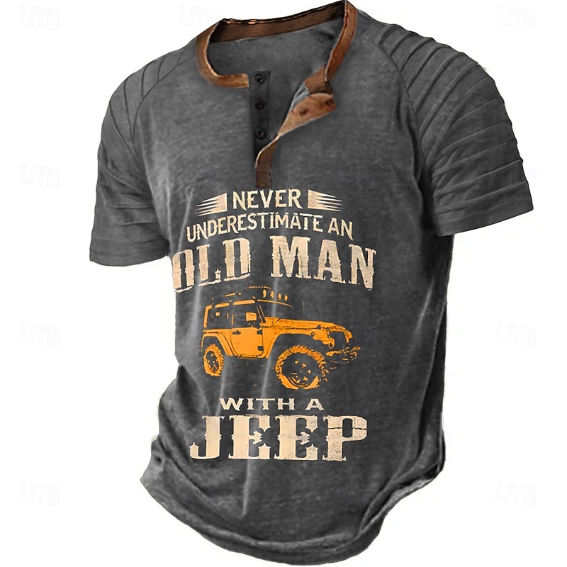 Men's Short Sleeve Henley Graphic T-Shirt: Never Underestimate An Old Man With A Jeep Lifestyle Tee3