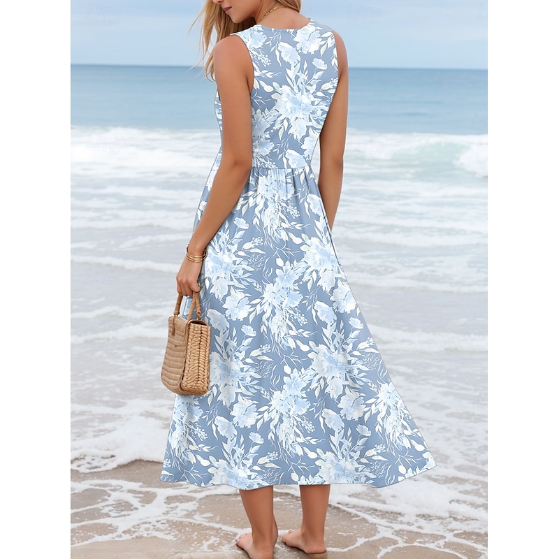 Women's Maxi Dress Sundress A Line Dress Slip Dress Pleated Dress Vacation Casual Boho Going out Beach Regular Fit Floral Graphic Sleeveless U Neck Blue Summer Spring2
