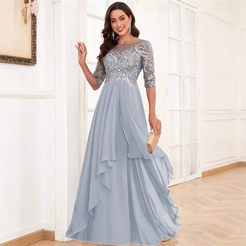 Dress Mother of the Bride Dress Elegant Simple Crew Neck Floor Length Chiffon Half Sleeve with Solid Color3