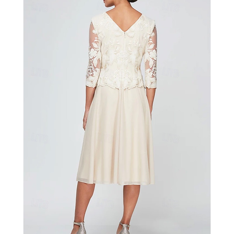 A-Line Mother of the Bride Dress Elegant Simple Minimalist Crew Neck Tea Length Chiffon Lace Half Sleeve with Floral Lace Appliques3
