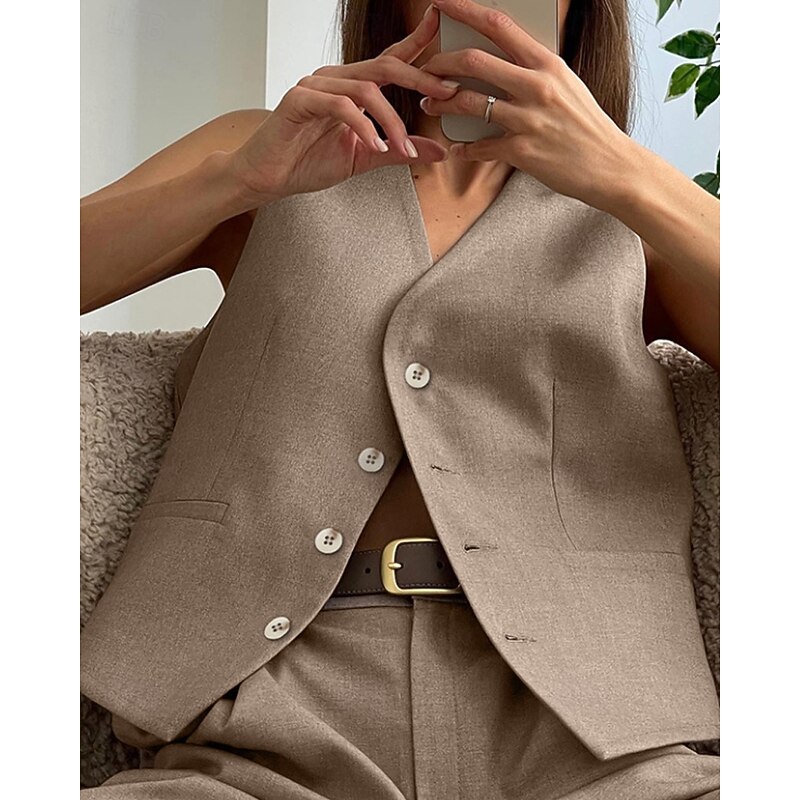 Women's Active Fashion Blouse Vest Pants Sets Sleeveless V Neck Solid Color Dubbele Rij Knopen Outdoor Holiday Black Brown Gray Summer Regular Fit4