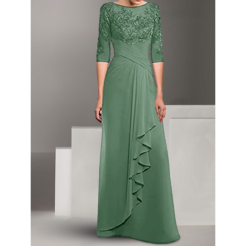 Dress Mother of the Bride Dress Elegant Crew Neck Floor Length Polyester 3/4 Length Sleeve with Solid Color