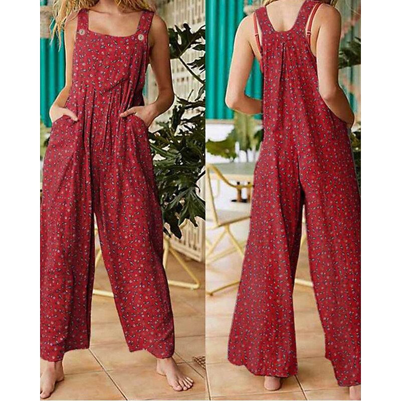 Women's Normal Jumpsuit Streetwear Floral Sleeveless U Neck Pocket Print Holiday Going out Regular Fit Black Yellow Red Summer - Main Image