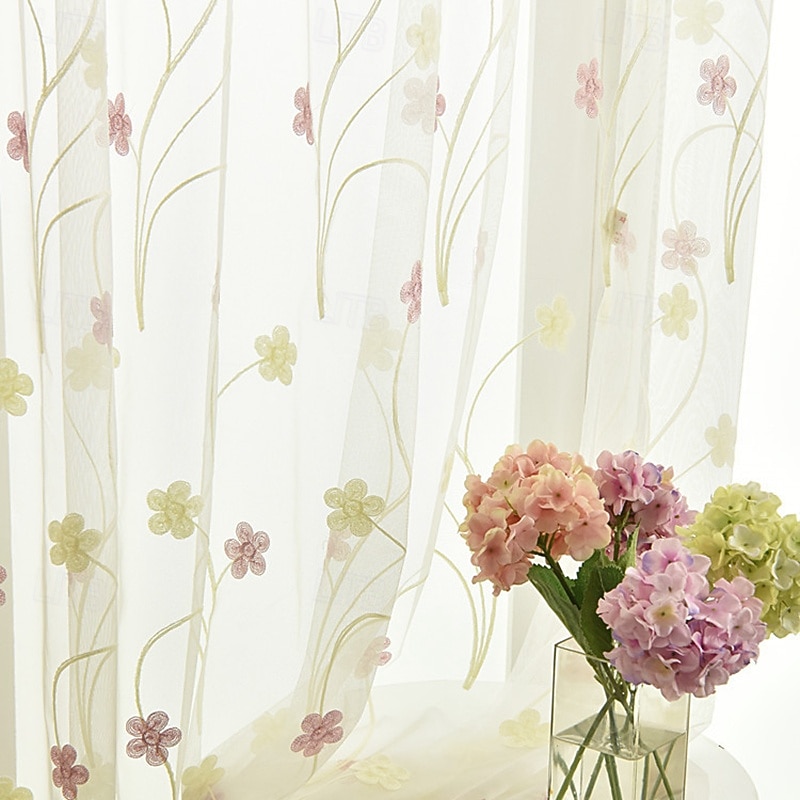 2Pcs Rural Style Floral Embroidery Window Screen Living Room Bedroom Dining Room Study Semi Transparent Curtains4