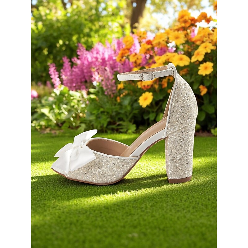 Women's White Glitter Block Heel Wedding Sandals with Ankle Strap and Satin Bow – Elegant Open Toe Bridal Shoes for Garden Ceremonies and Outdoor Events3
