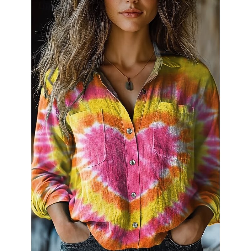 Women's Shirt Tie Dye Stylish Modern Long Sleeve Shirt Collar Regular Tops Daily Holiday Buttons Pocket Print Yellow Purple Rainbow Summer3