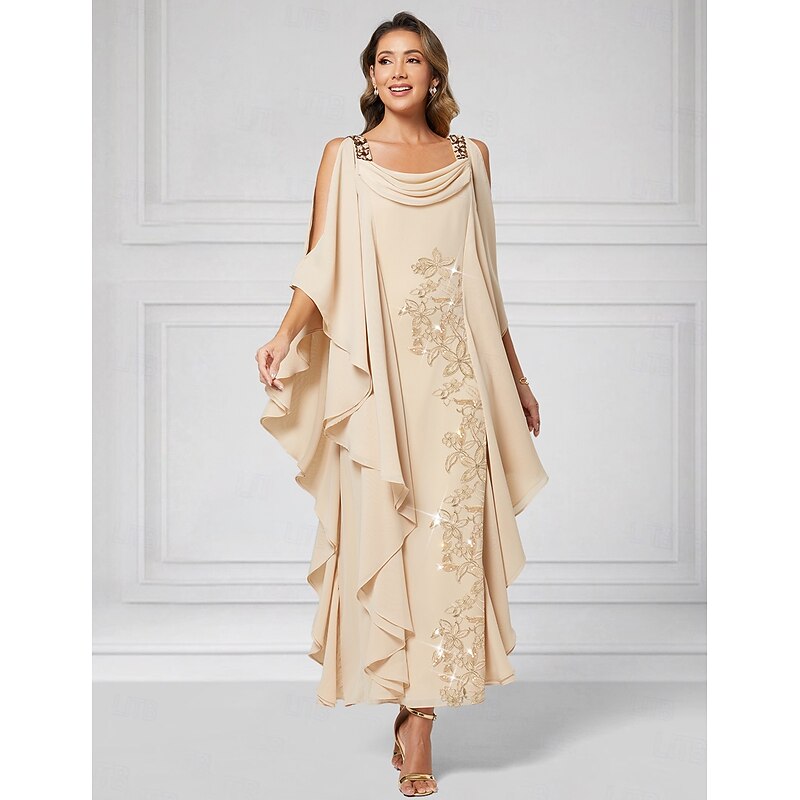 A-Line Mother of the Bride Dress Elegant Luxurious Sparkle & Shine Boat Neck Ankle Length Chiffon Half Sleeve with Beading Tier Cascading Ruffles2