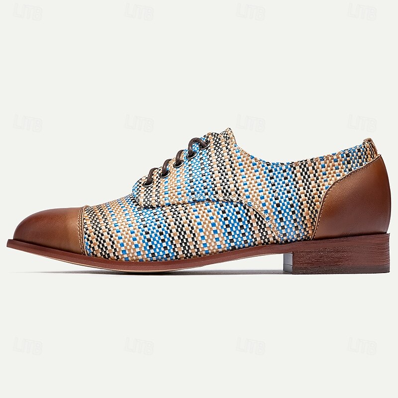 Men's Blue and Tan Woven Oxford Shoes – Retro Lace-Up Casual Shoes for Creative Professionals and Everyday Style4